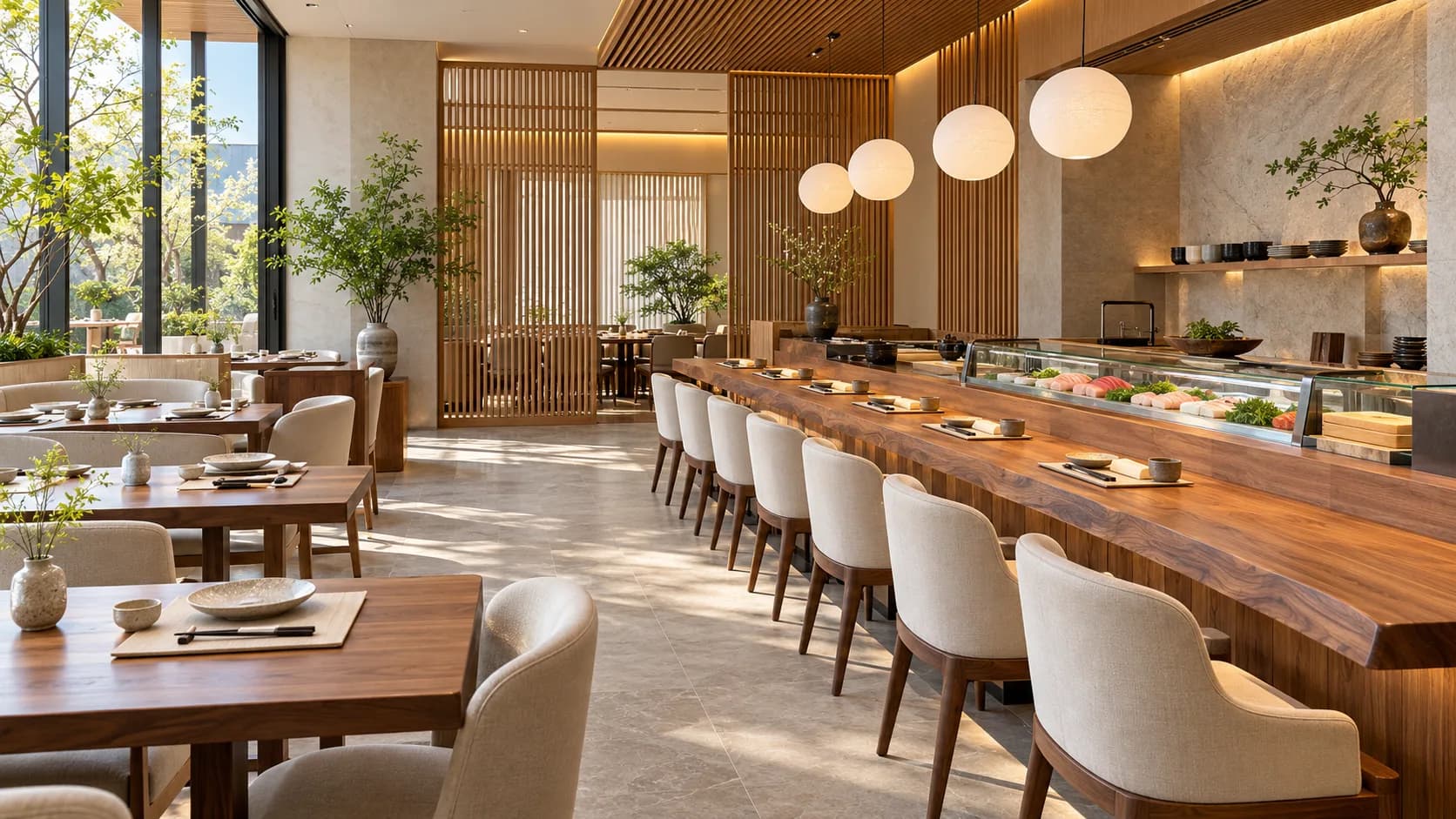 Không gian nhà hàng cho concept Nhật Bản