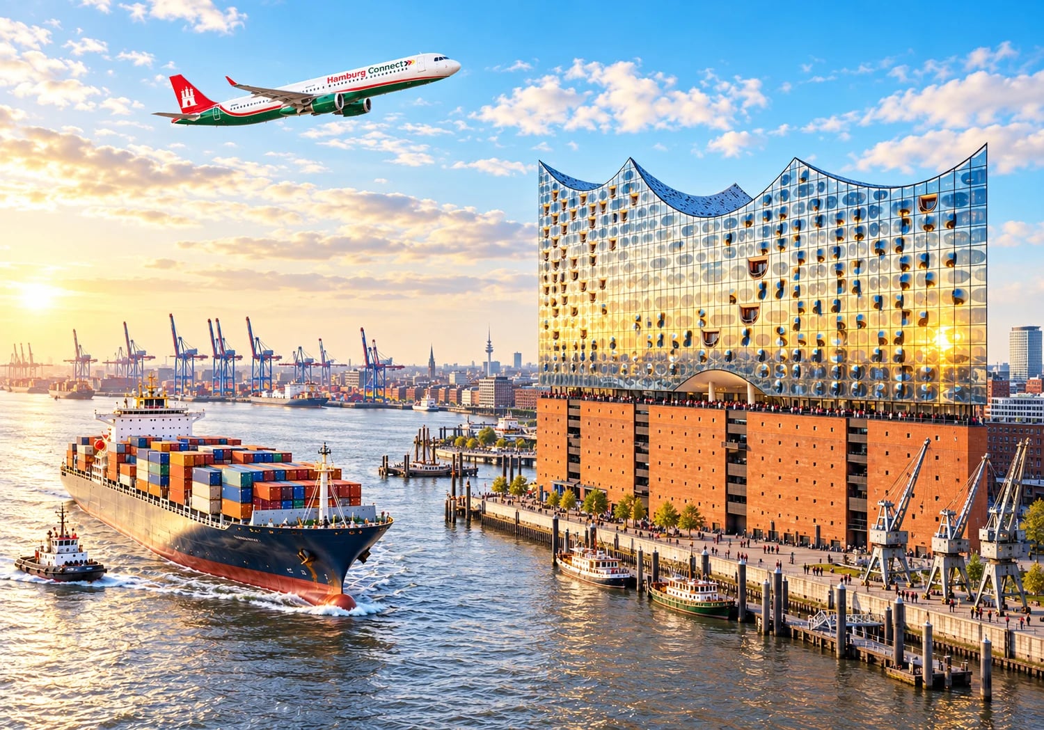 Hamburg port with cargo shipping and Elbphilharmonie